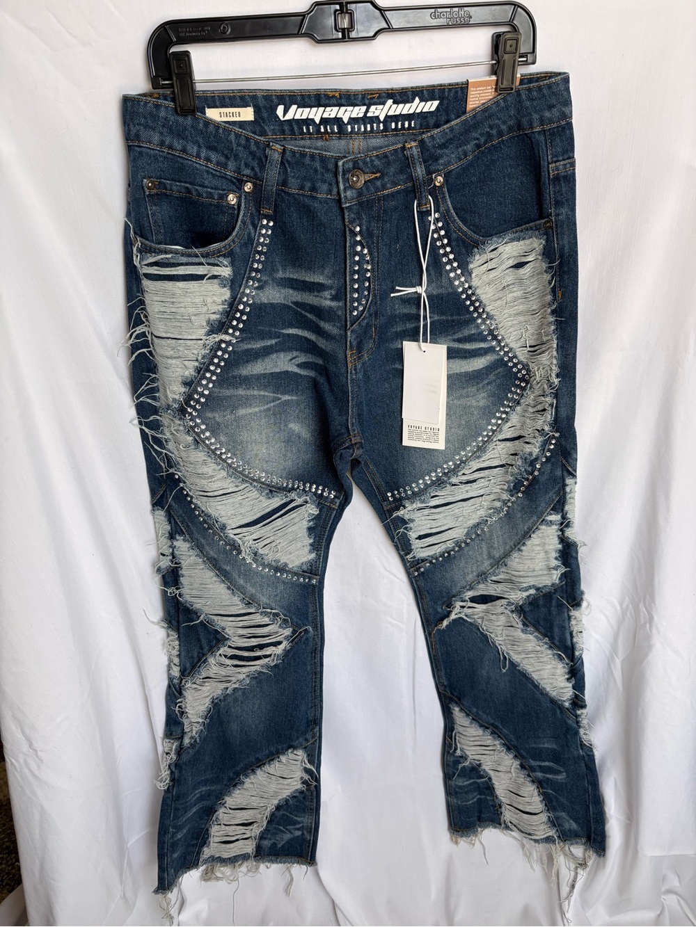 NWT Voyage Studio Shredded Panel Crystal Denim Jeans - Size 32/30
